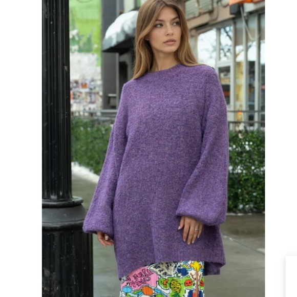 NWT - KATE HEWKO Heathered Purple Knit Balloon Sleeve Sweater - OS - Picture 7 of 16